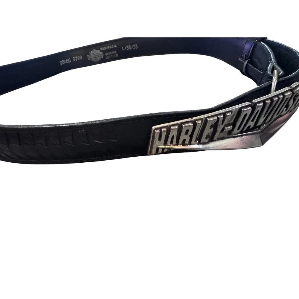 Vintage 1996 Harley-Davidson Mens Black Leather Belt Silver Logo Buckle 36 98466